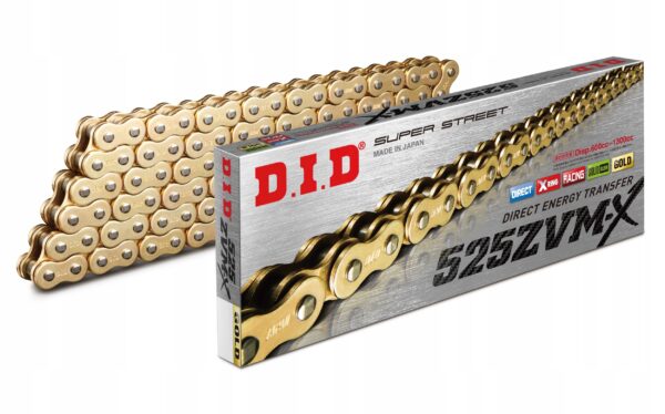 Łańcuch napędowy DID 525 ZVMX2 112 X-Ring G&G otwarty z zakuwką złoty